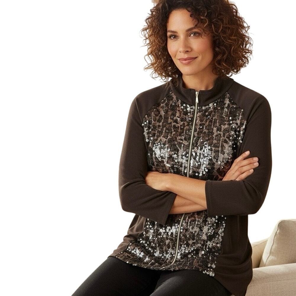 Chico’s Travelers Sequin Jacket Brown Animal Print Zip Up Size 3 (XL/16-18)